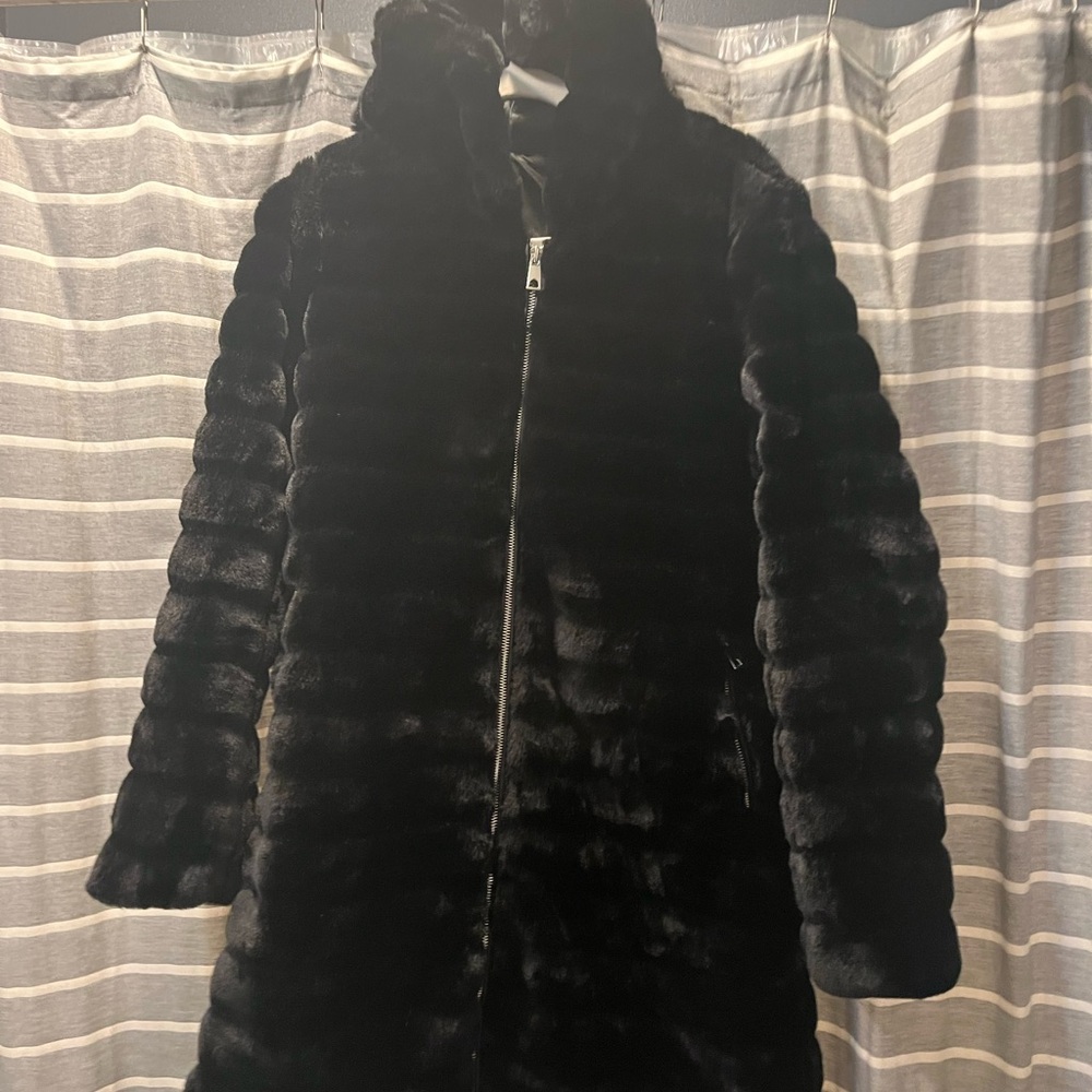Elegant Black Faux Fur Coat hooded only worn once!  36 in length and 19 inch wid